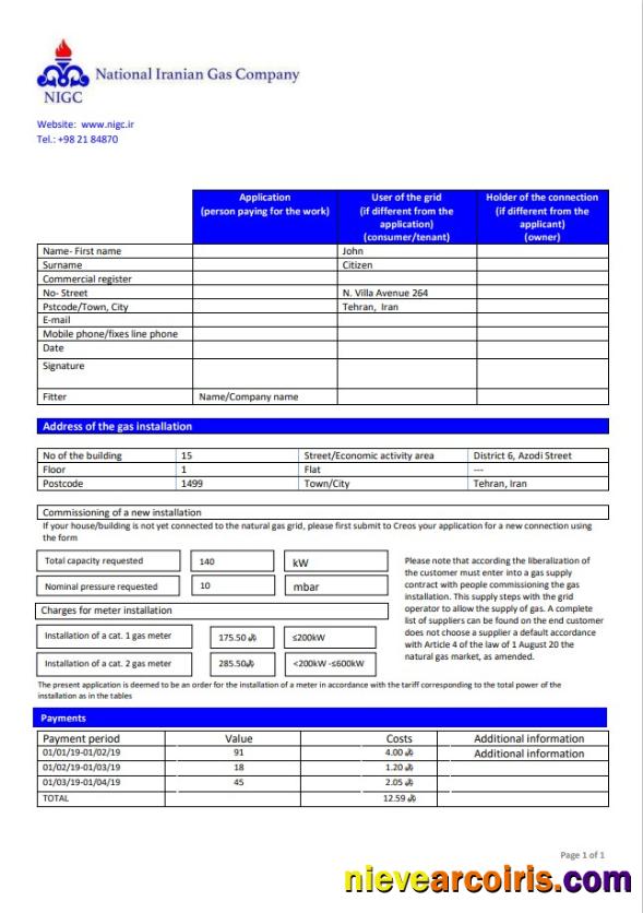 Iran National Iranian Gas Company gas utility bill
